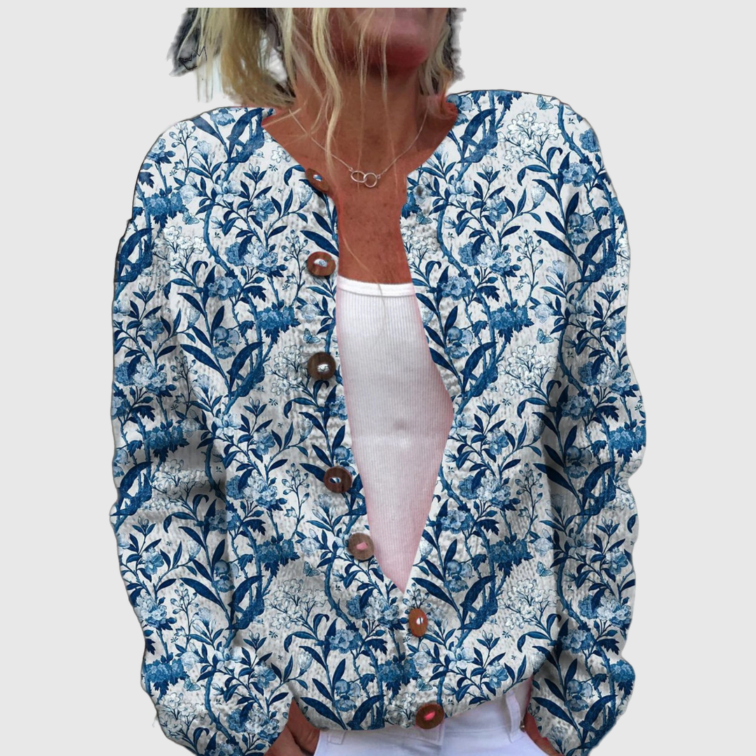 Michèle — Cardigan à Feuilles Bleues