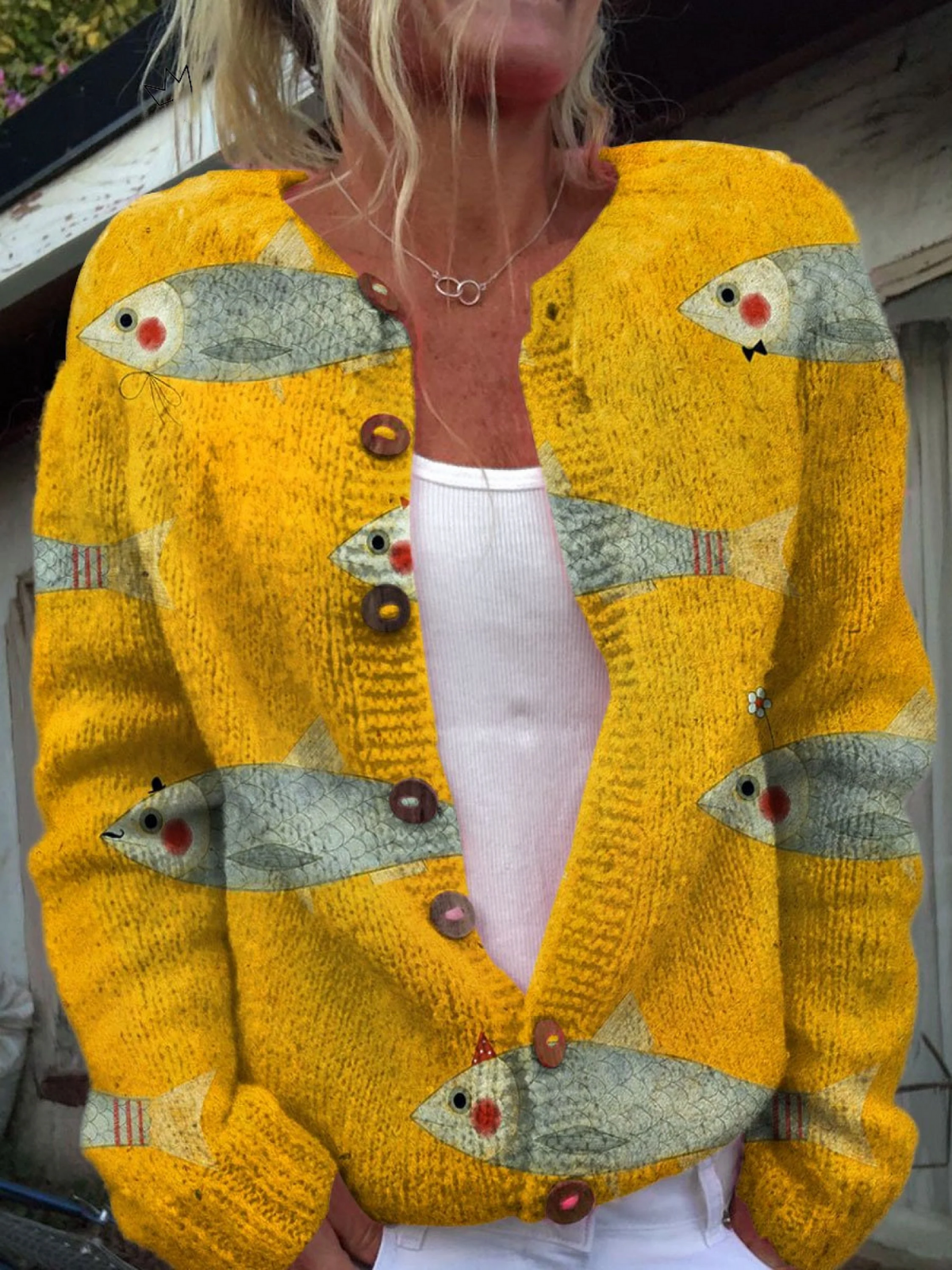 ANOUK™ | Cárdigan de punto vintage con estampado de peces