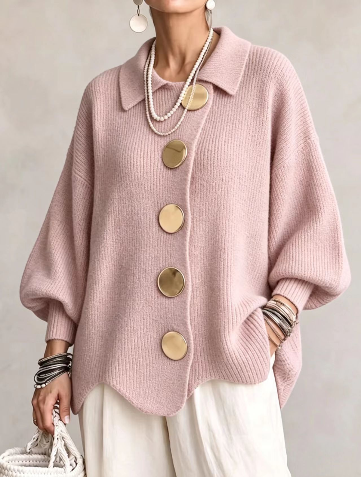 COLETTE™ | Cardigan oversize à col avec gros boutons métalliques