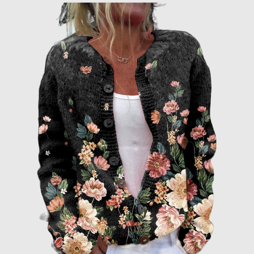 Liliane — Cardigan fleuri sur fond noir