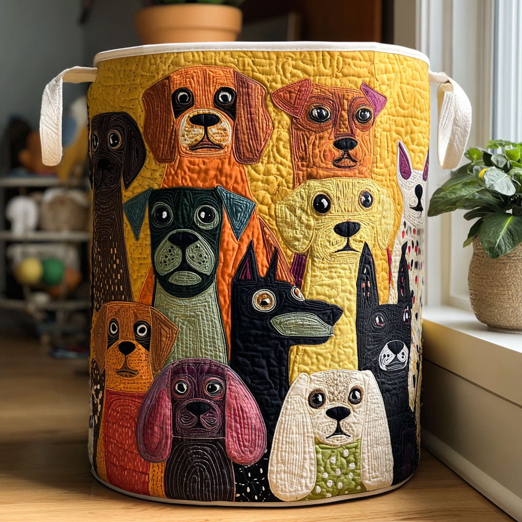 Panier rembourré avec des chiens dans la forêt