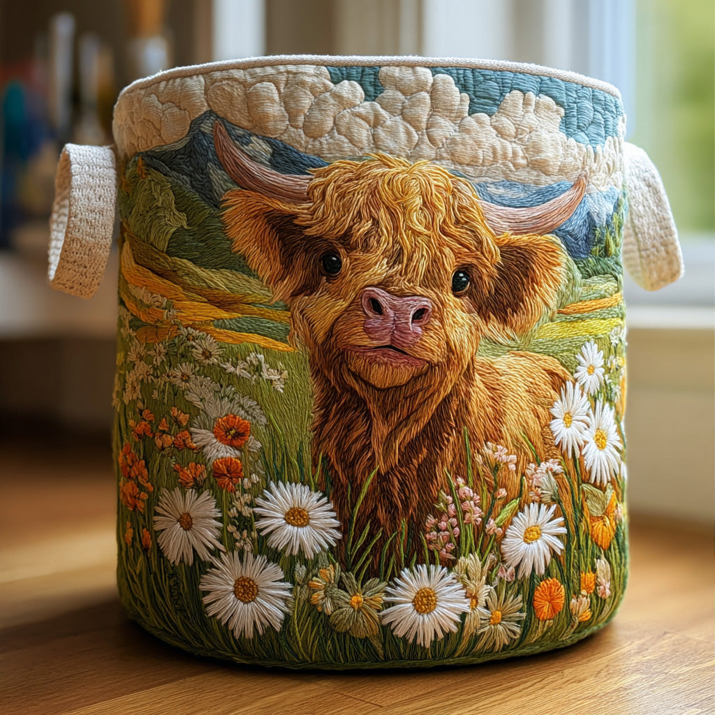 Panier matelassé avec une vache Highland entourée de fleurs