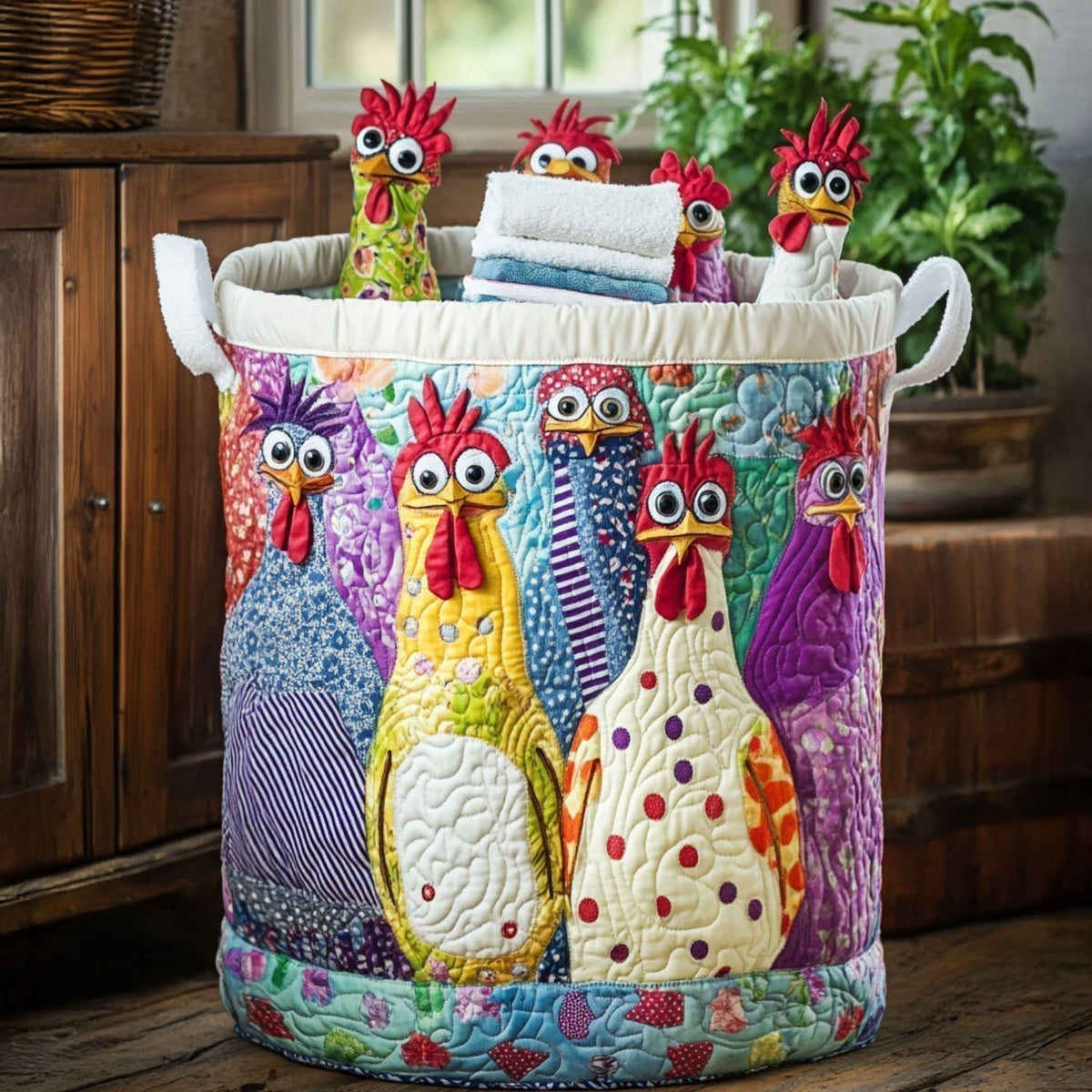 Panier matelassé avec des poules élégantes