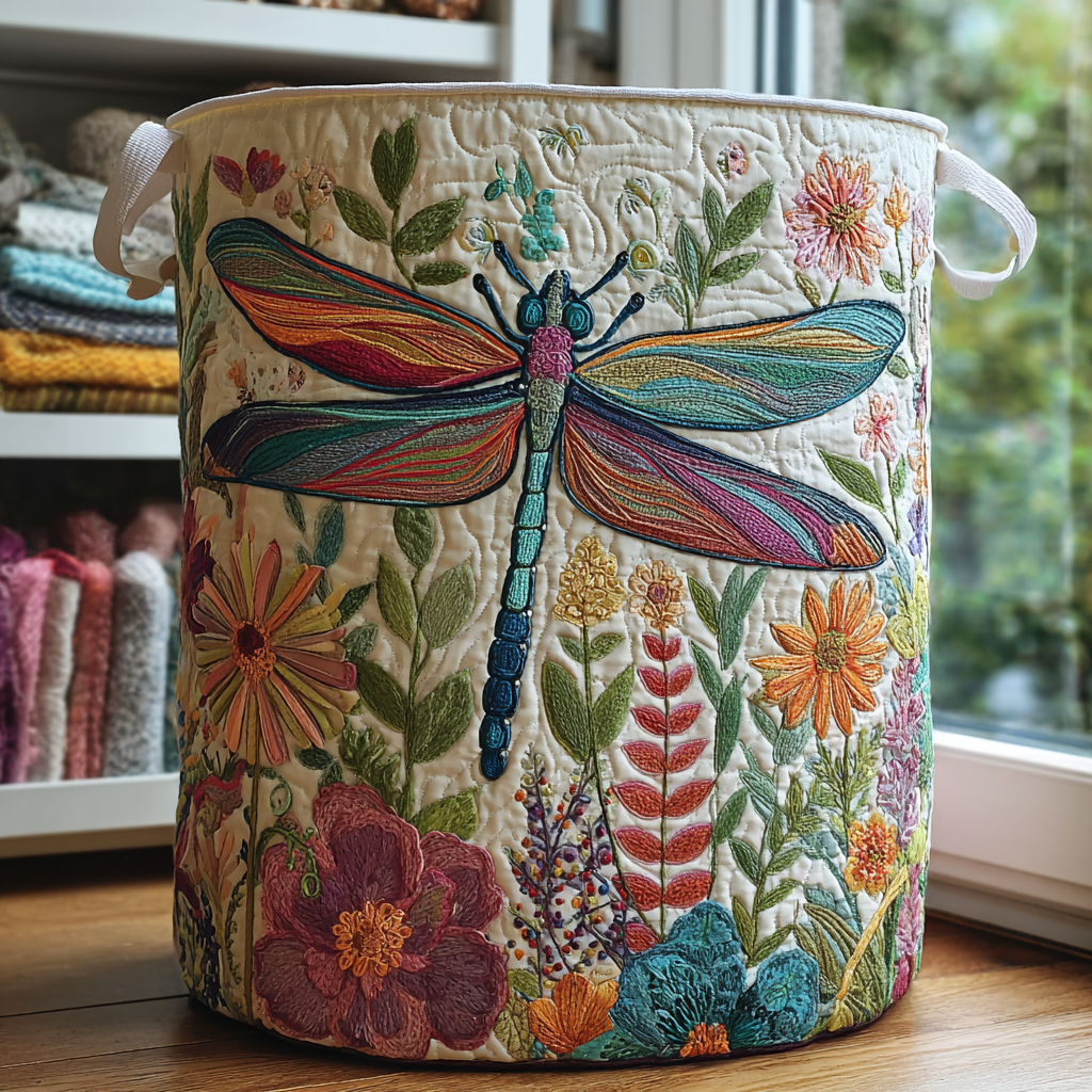 Panier matelassé avec des libellules dans le jardin