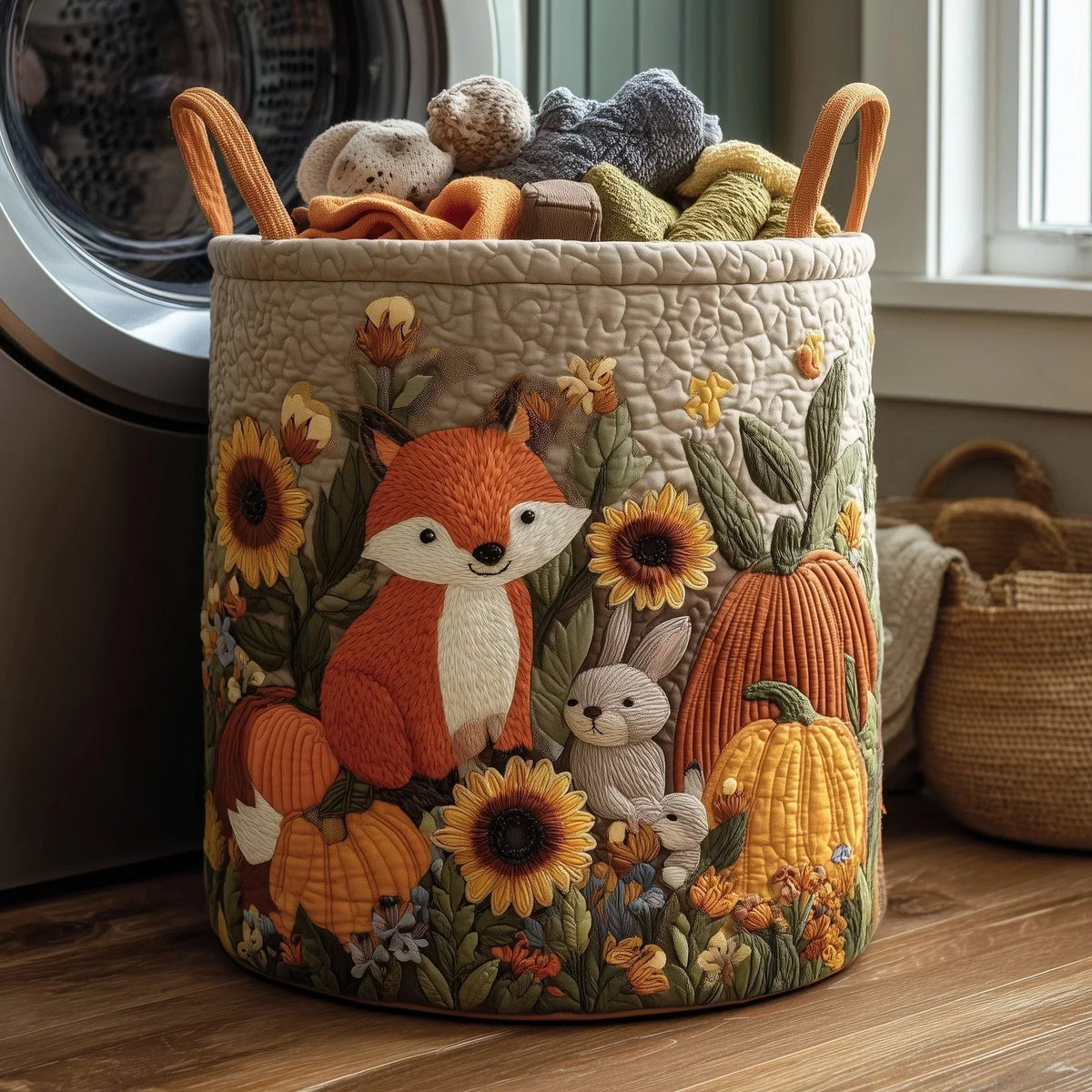 Panier matelassé avec renard, lapins et citrouilles