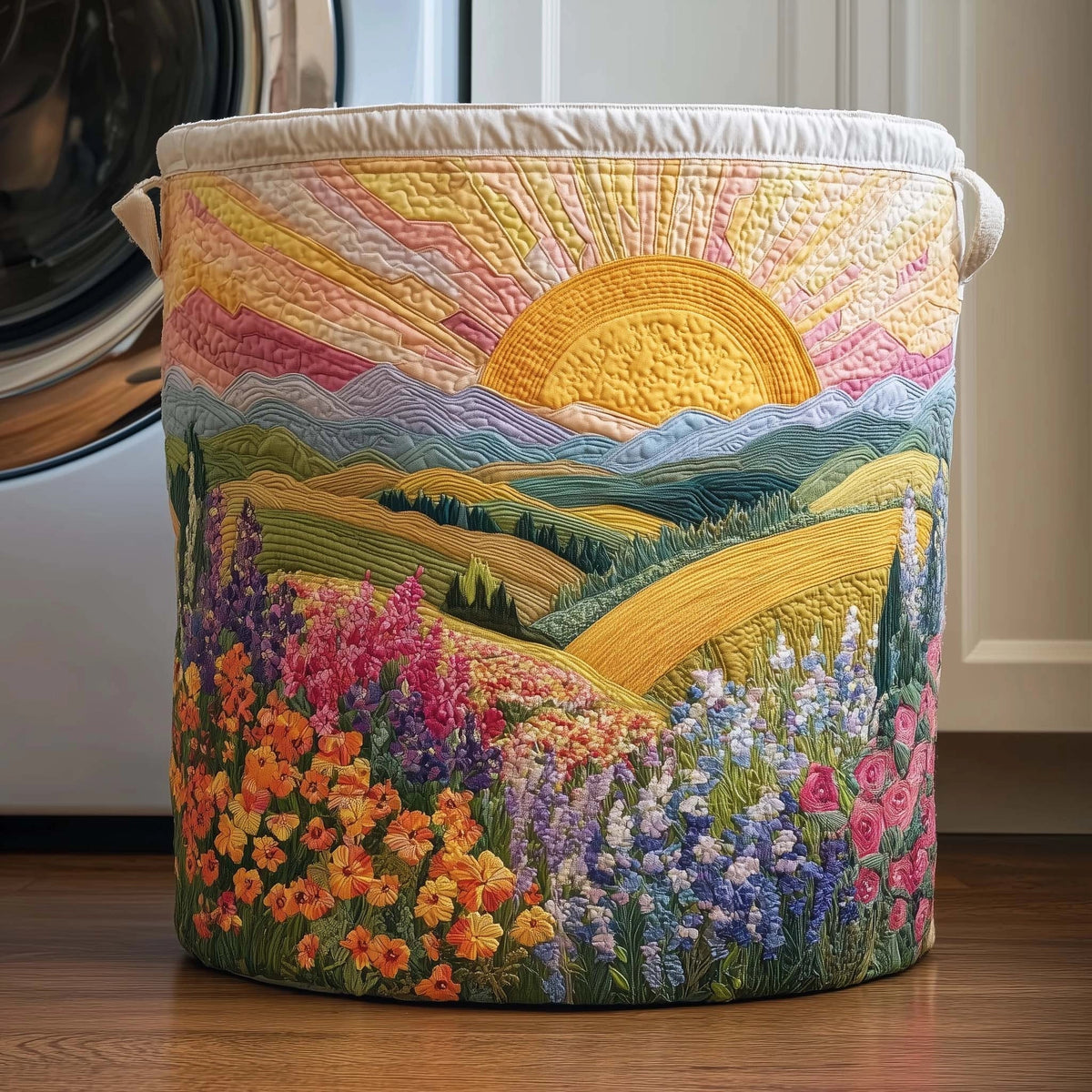 Panier matelassé avec lever du jour sur une prairie fleurie