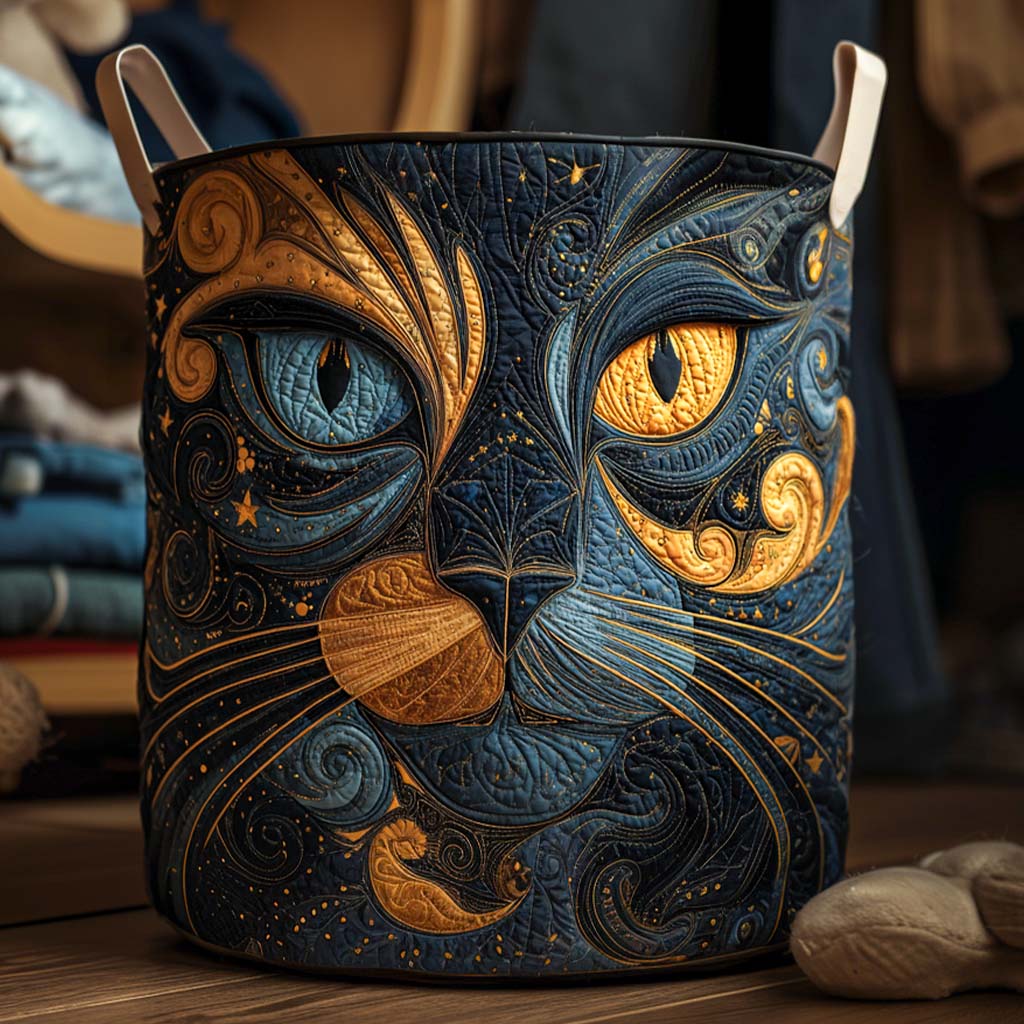 Panier rembourré avec un chat sous un ciel étoilé