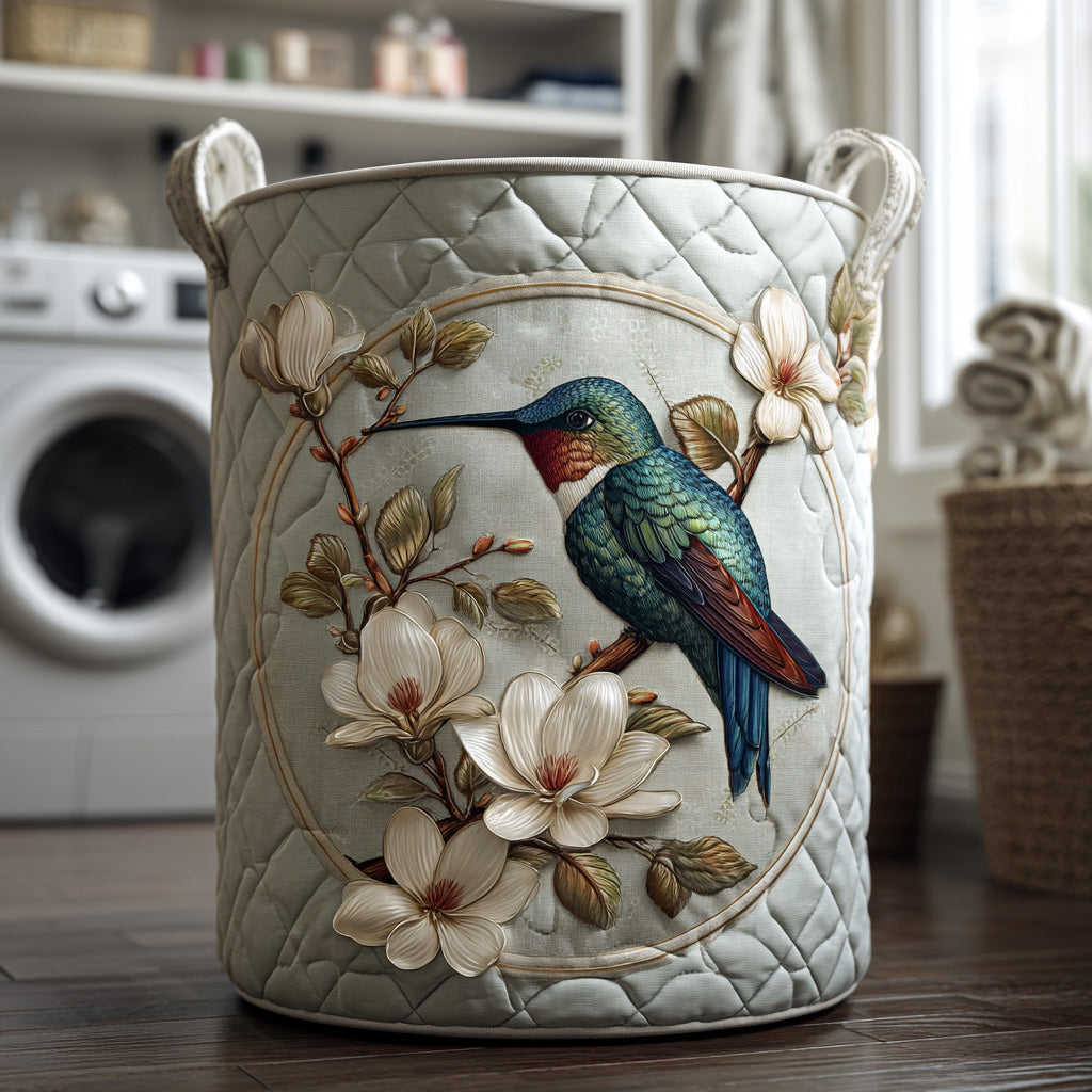 Panier matelassé avec colibri et dentelle florale