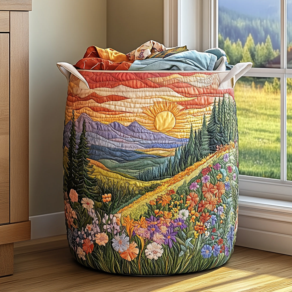 Panier matelassé avec un lever de soleil entre les montagnes et les fleurs