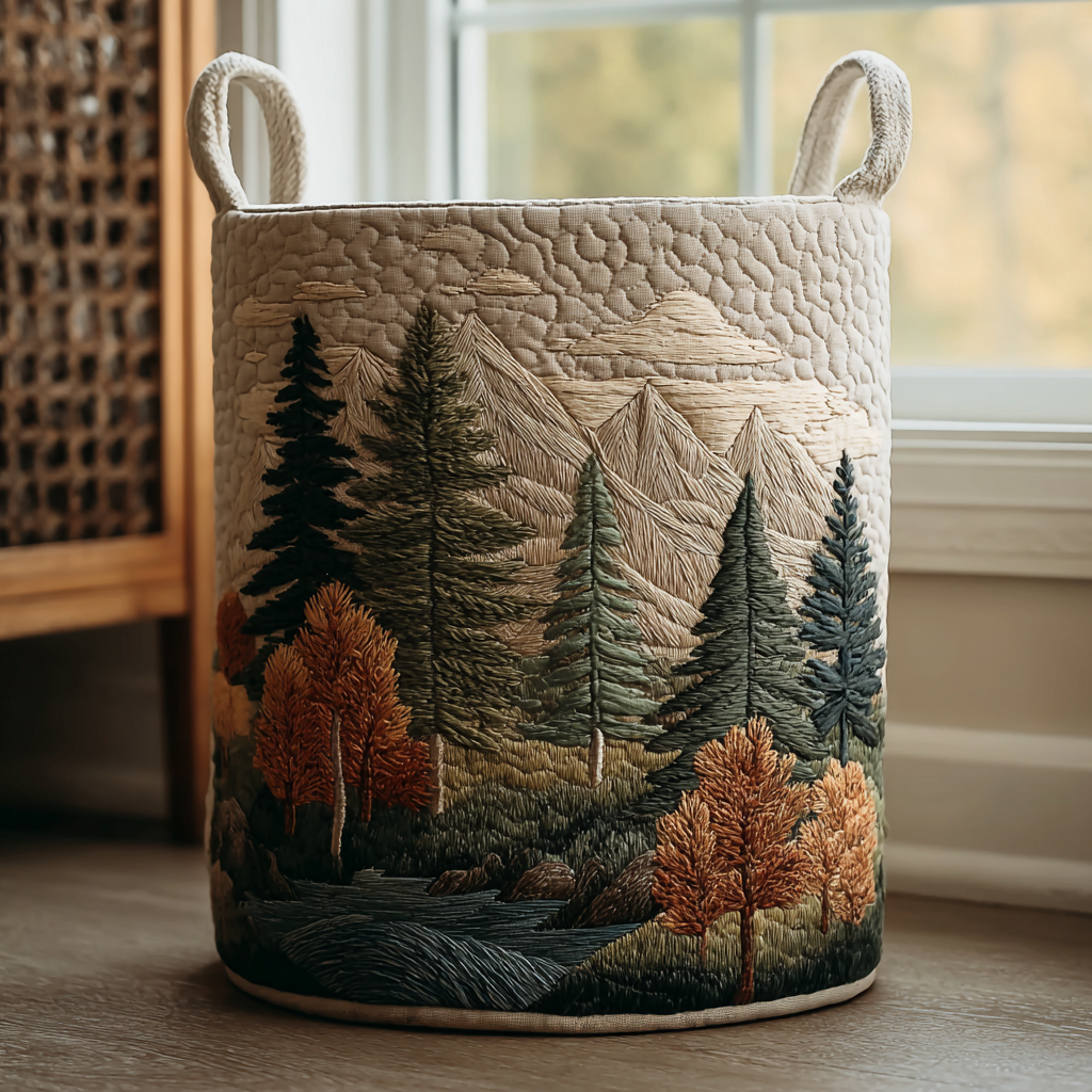 Panier rembourré avec motif montagnes et forêt
