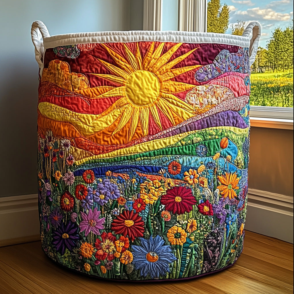Panier matelassé avec un soleil au-dessus de collines et de fleurs