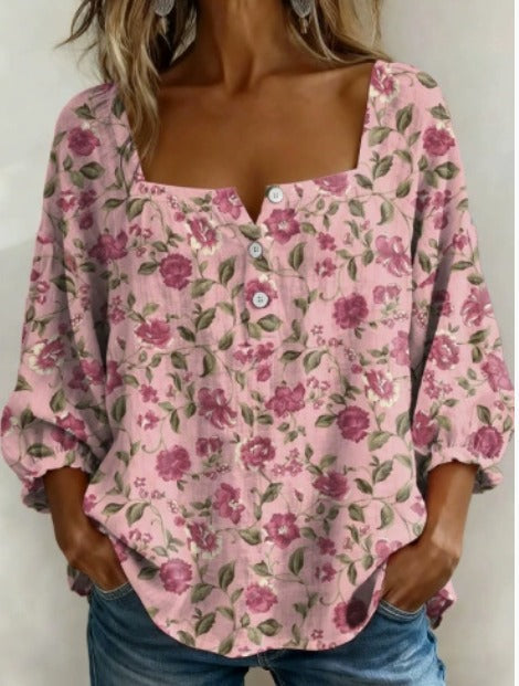 Amelia: blusa sencilla con cuello cuadrado y mangas largas