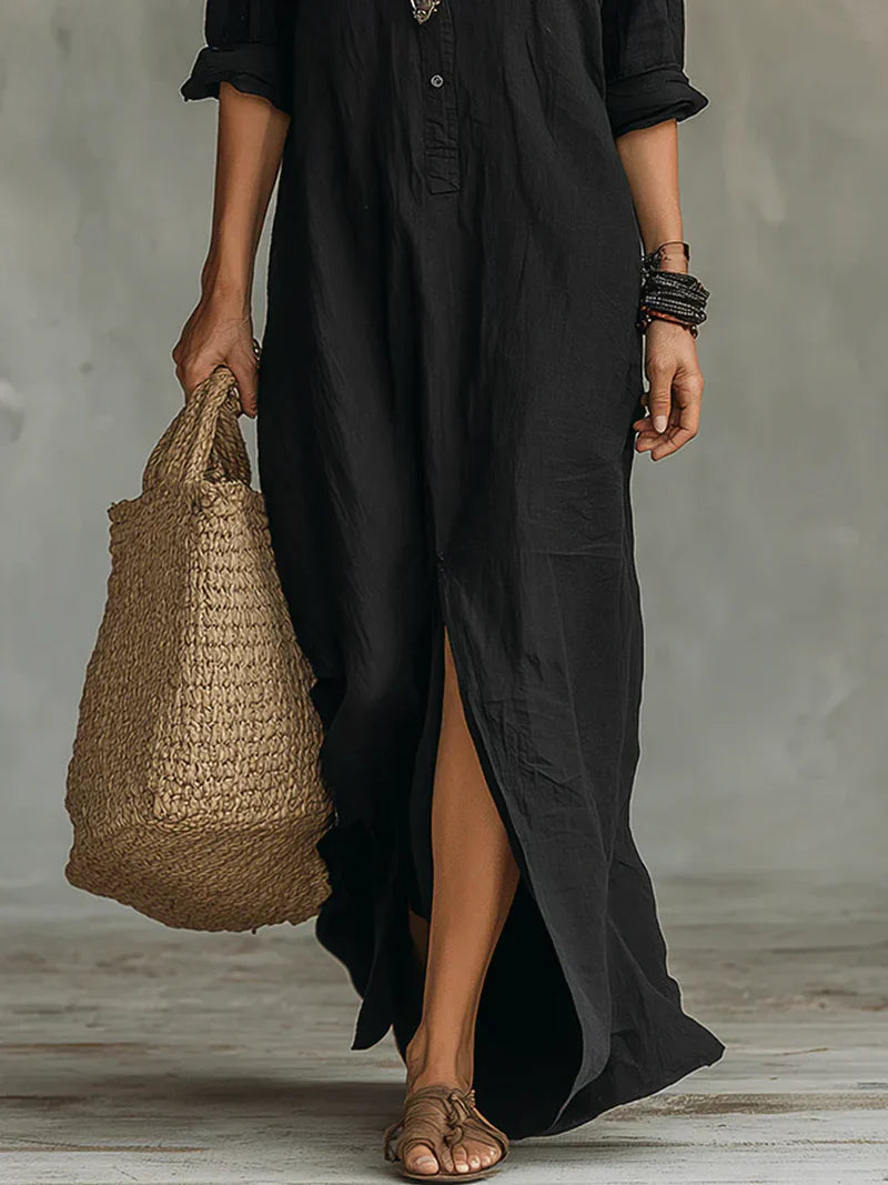 Céline™ | Vestido largo negro de corte holgado con botones delanteros