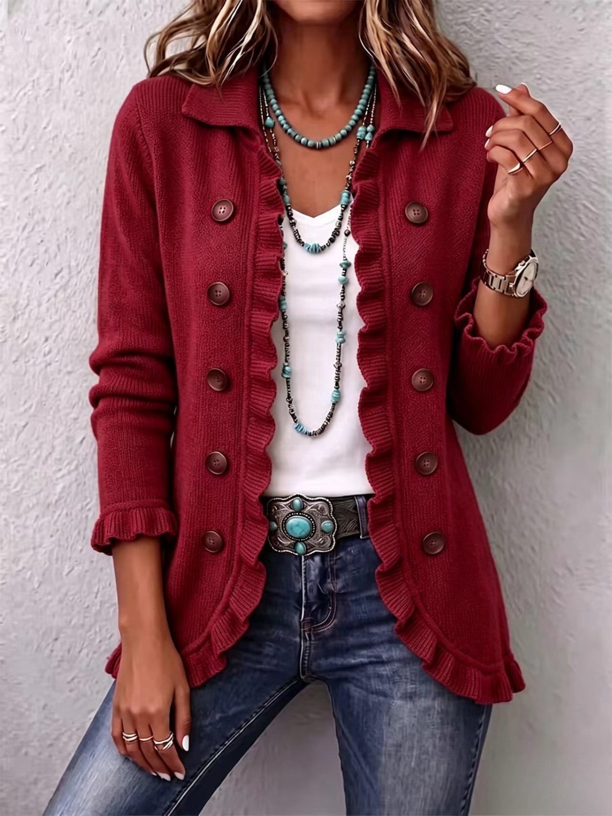 ROSALIE | Chaqueta de punto rojo rubí con volante