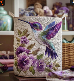 Panier matelassé avec un colibri parmi les fleurs