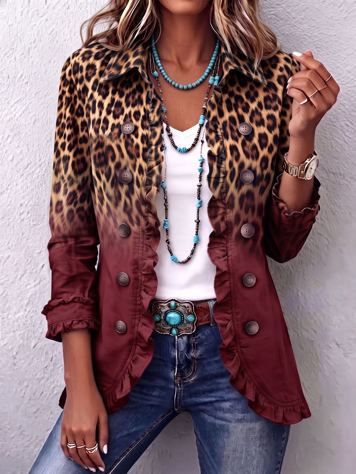 THÉRÈSE | Blazer léopard bordeaux à volant