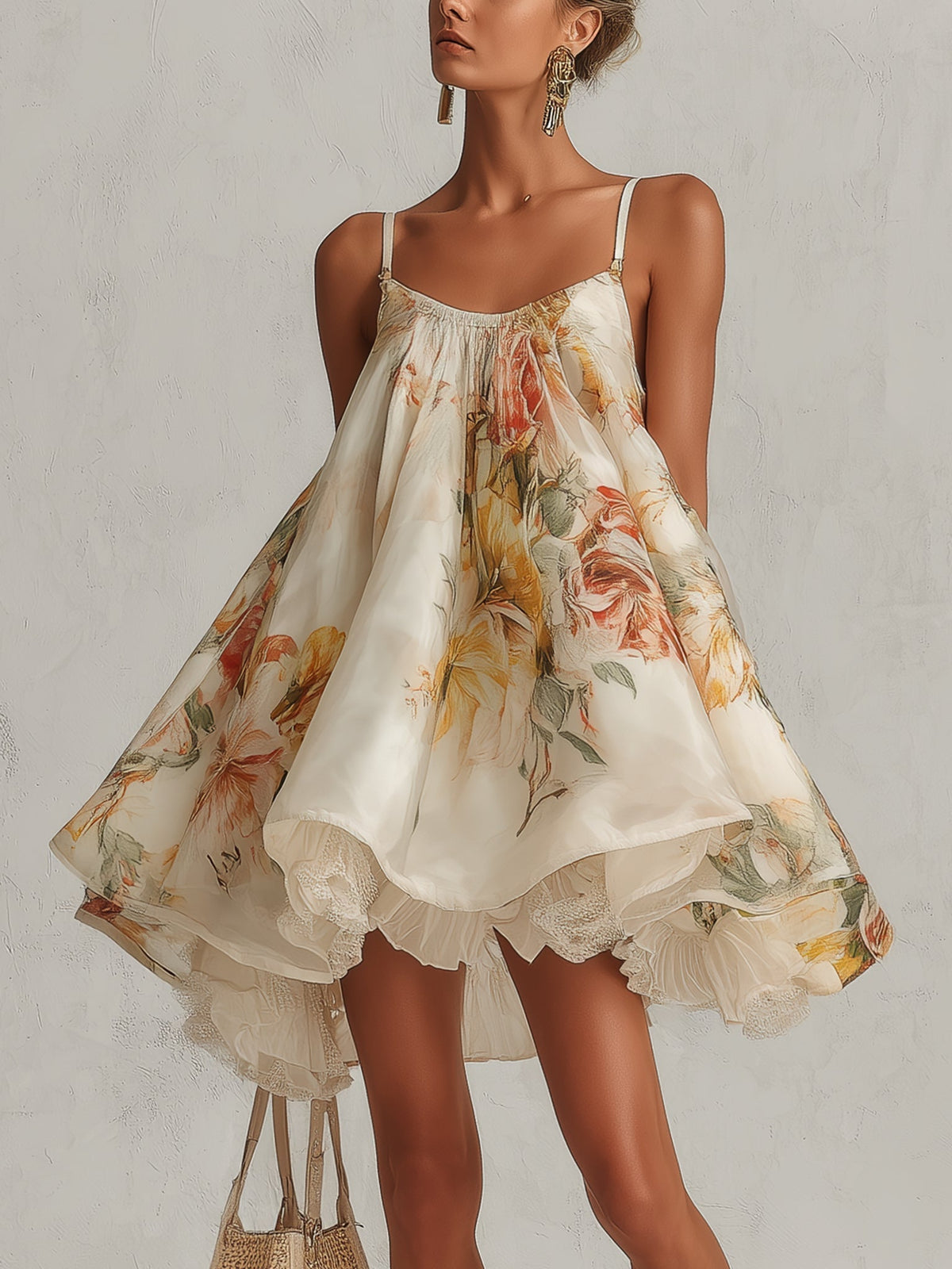 BLANCA | VESTIDO CORTO FLORAL BEIGE CON ENCAJE