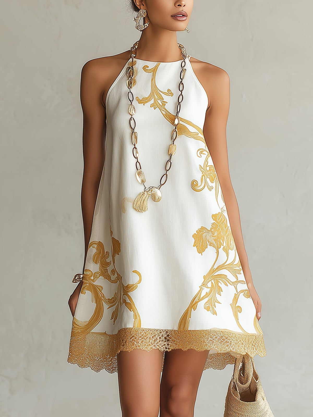 ELOISA | VESTIDO CORTO DE ENCAJE BLANCO Y DORADO