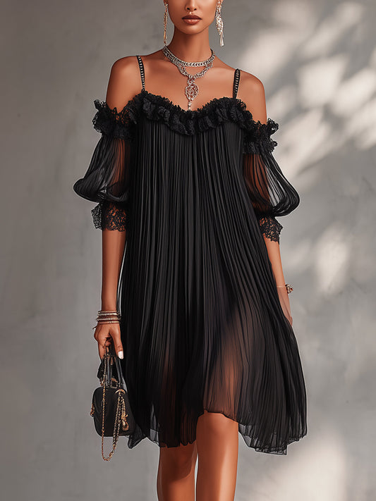 CAMILA | ROBE COURTE EN MOUSSELINE NOIRE AVEC ÉPAULES DÉCOUVERTES
