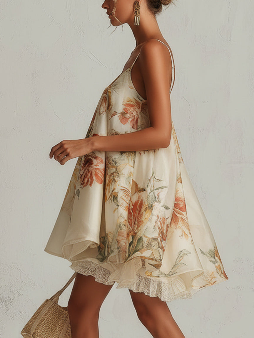 BLANCA | VESTIDO CORTO FLORAL BEIGE CON ENCAJE