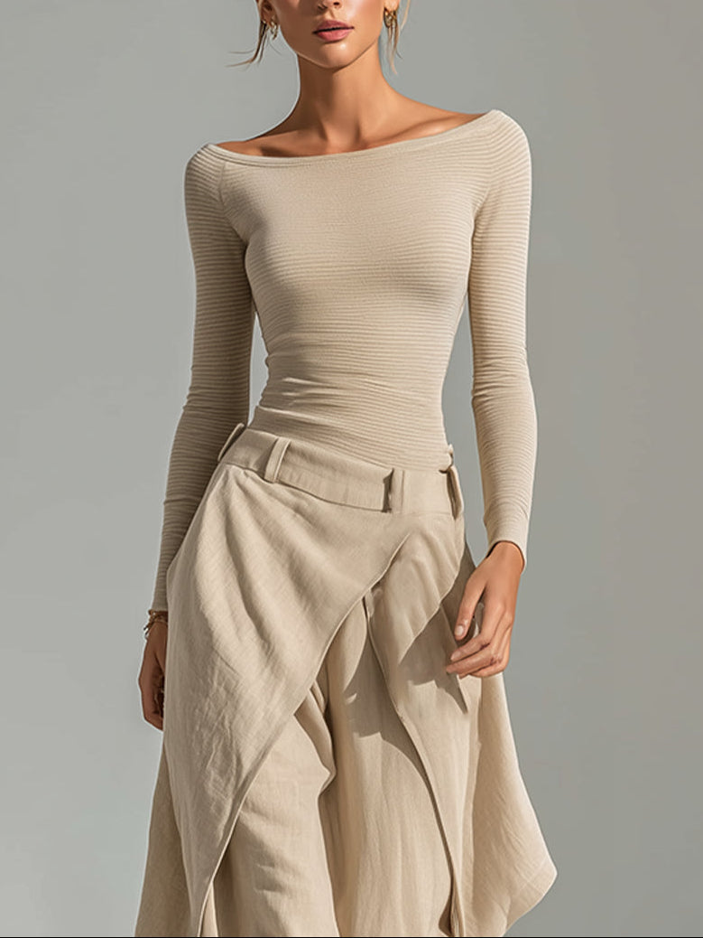 JULIENNE | Ensemble beige avec top à col bateau et pantalon large superposé