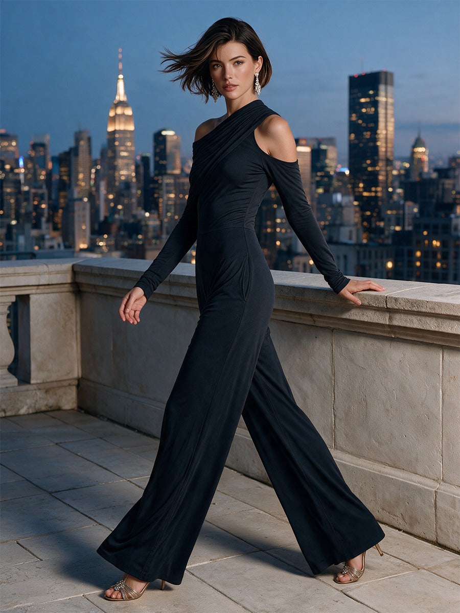 RAPHAËLLE | Combinaison de soirée noire asymétrique à une épaule avec pantalon à jambes larges