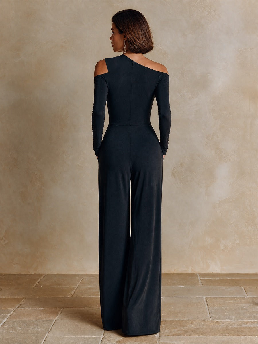 RAPHAËLLE | Combinaison de soirée noire asymétrique à une épaule avec pantalon à jambes larges