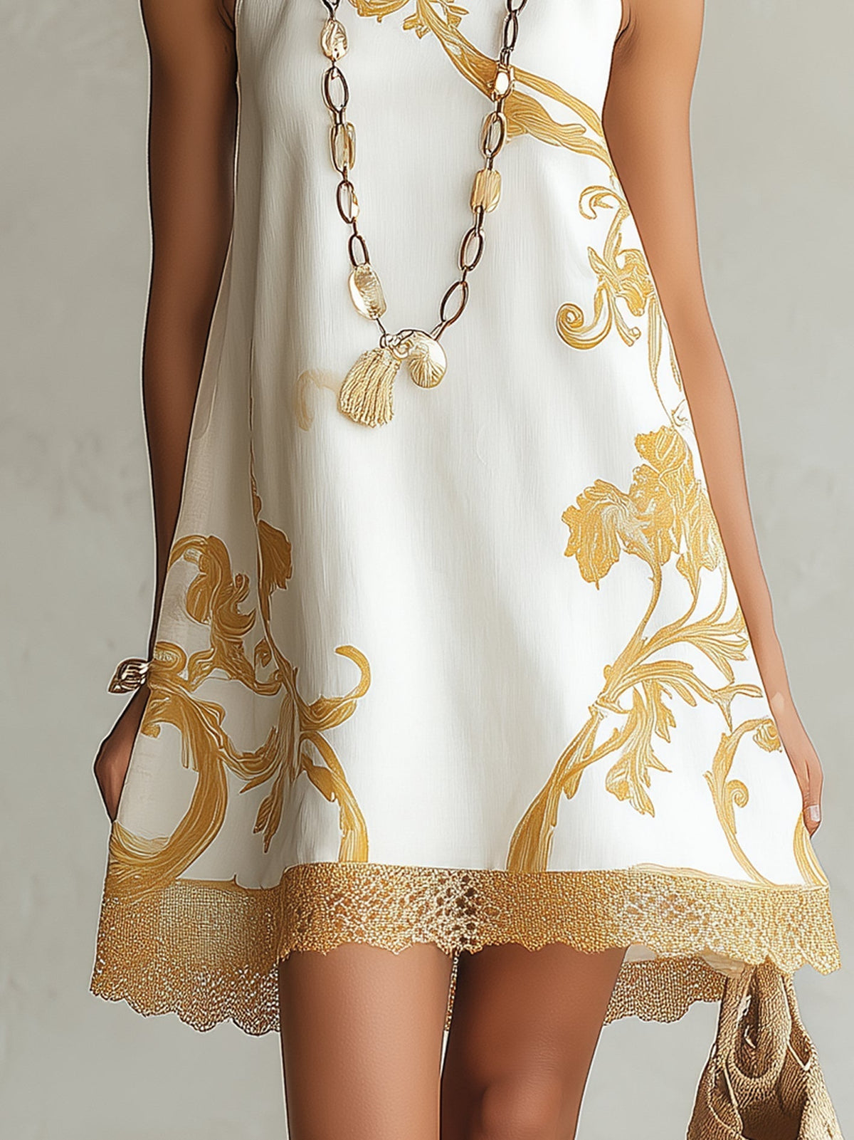 ELOISA | VESTIDO CORTO DE ENCAJE BLANCO Y DORADO