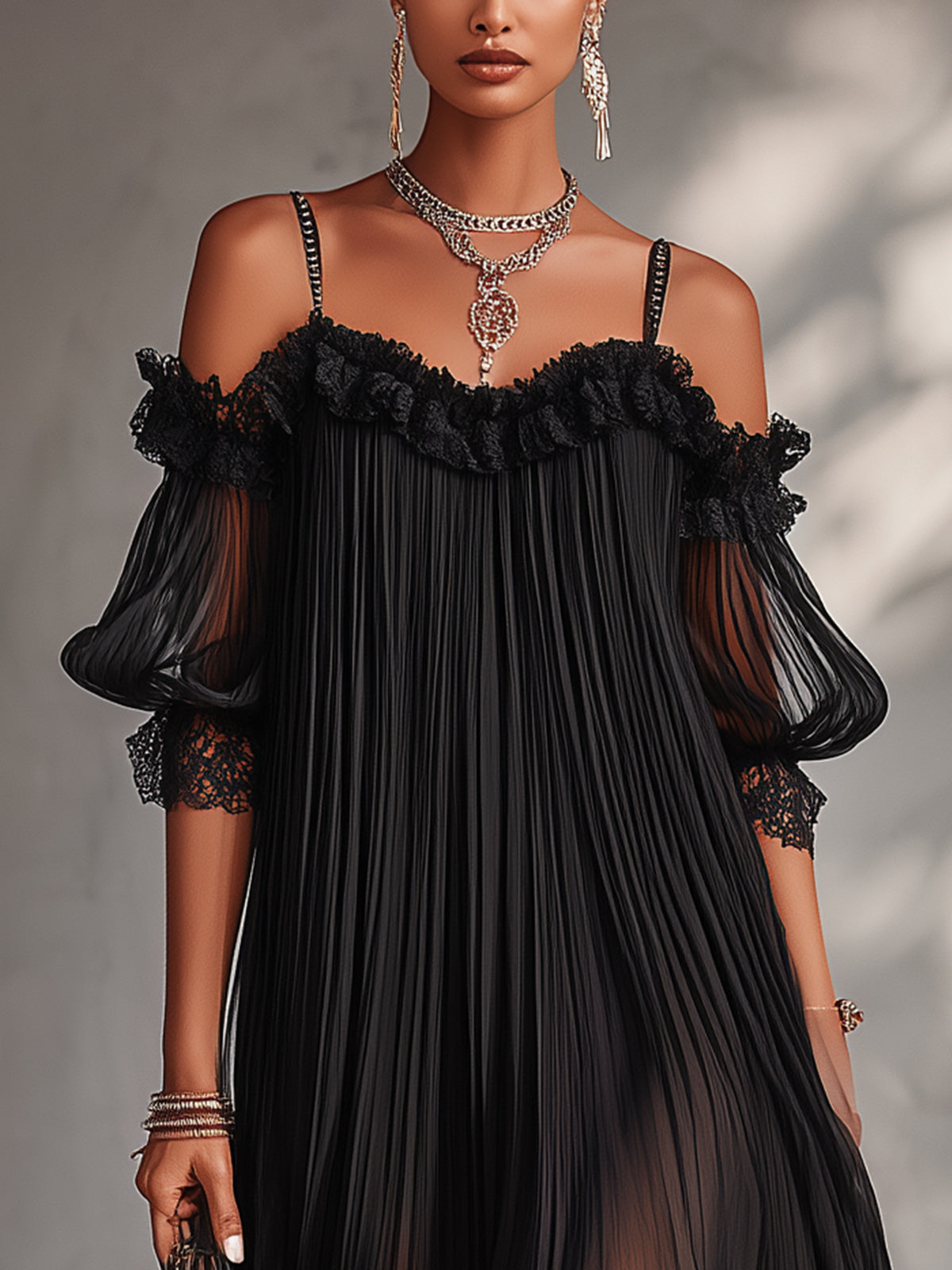 CAMILA | VESTIDO MINI DE GASA NEGRA CON HOMBROS AL DESCUBIERTO