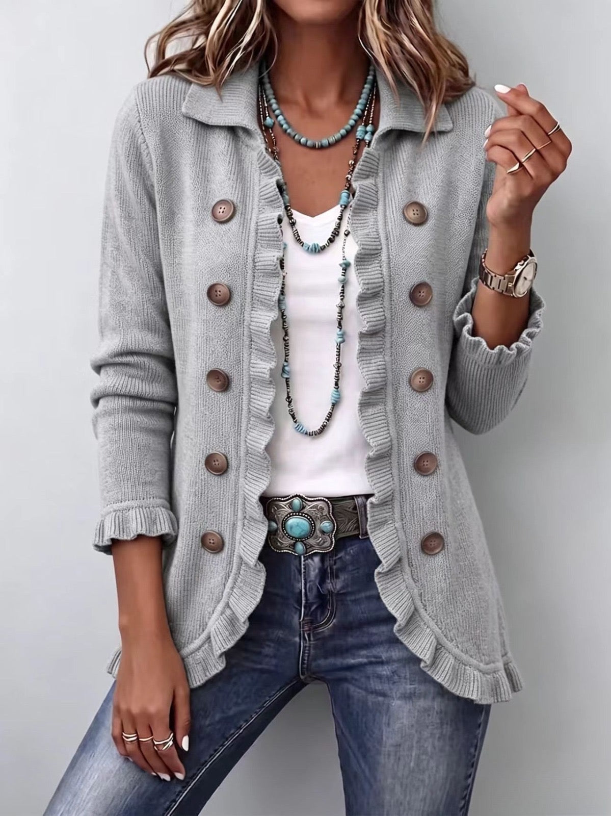 ANGÈLE | Chaqueta de punto gris melange con volante