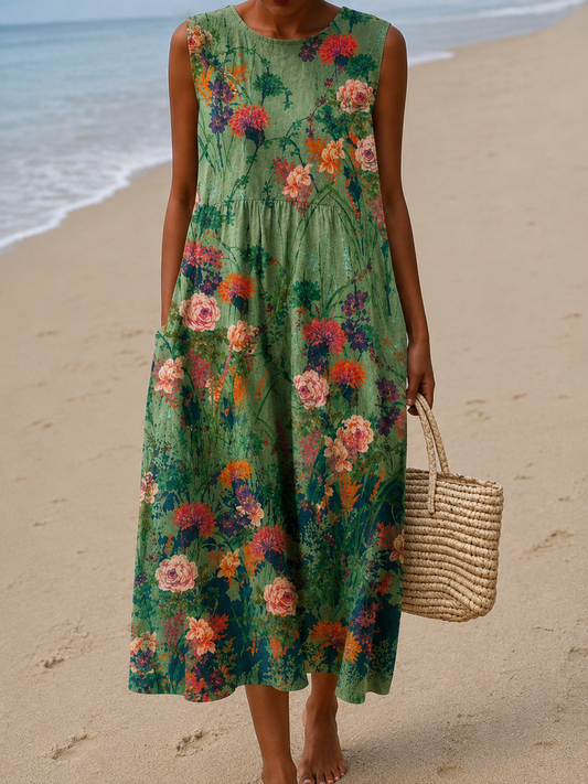 Savannah - Vestido midi casual para mujer sin mangas con estampado