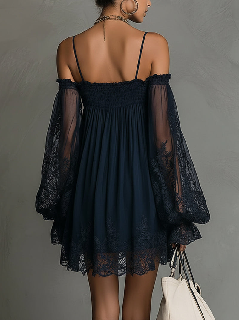NOEMI| VESTIDO CORTO DE GASA AZUL MARINO