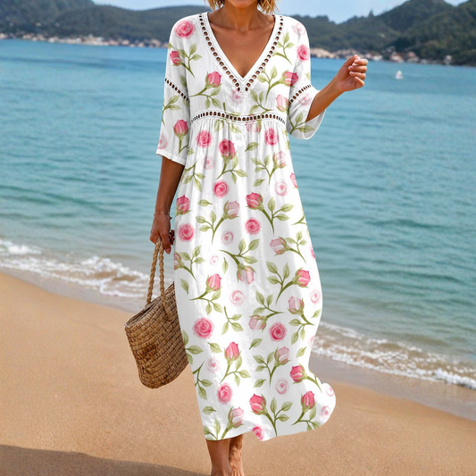 VESTIDO MIDI DE VERANO SUAVE CON ESTAMPADO DE ROSAS
