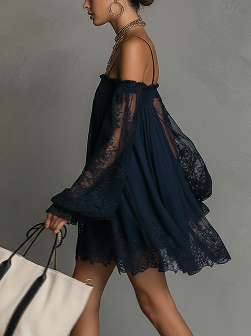 NOEMI| VESTIDO CORTO DE GASA AZUL MARINO