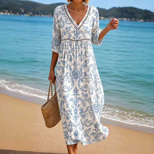VESTIDO MIDI SUAVE CON ESTAMPADO AZUL CLÁSICO