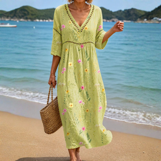 VESTIDO MIDI VERDE CLARO CON FLORES DELICADAS