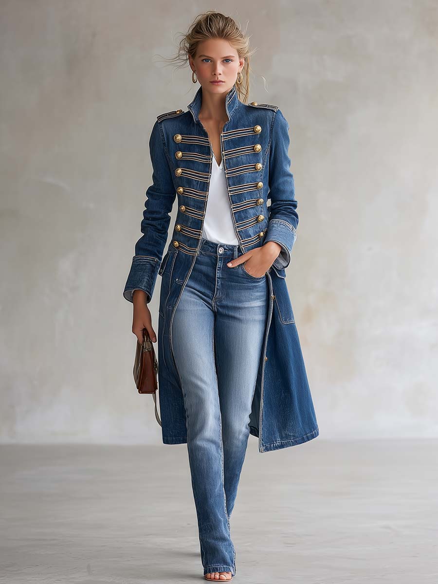 Manteau Long en Jean Style Militaire à Boutons Dorés