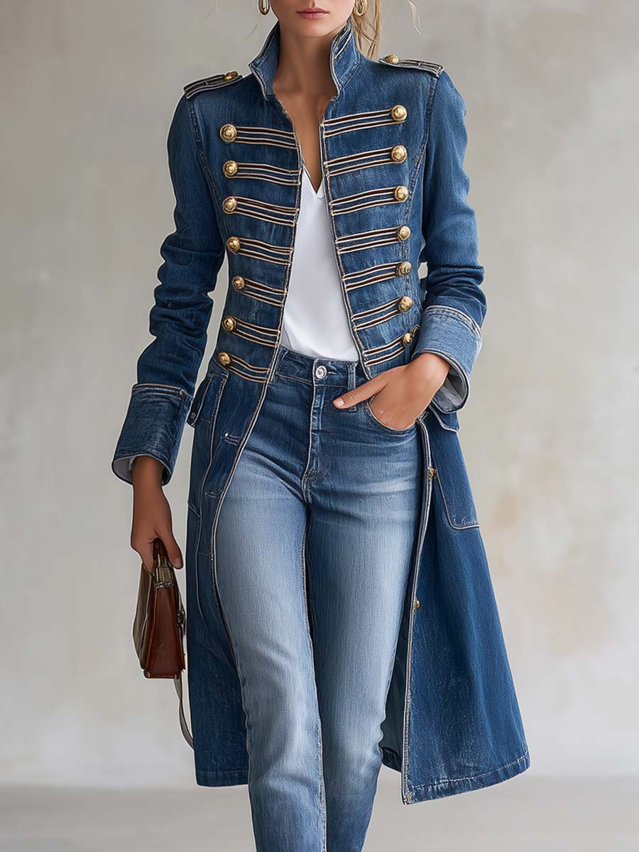 Manteau Long en Jean Style Militaire à Boutons Dorés