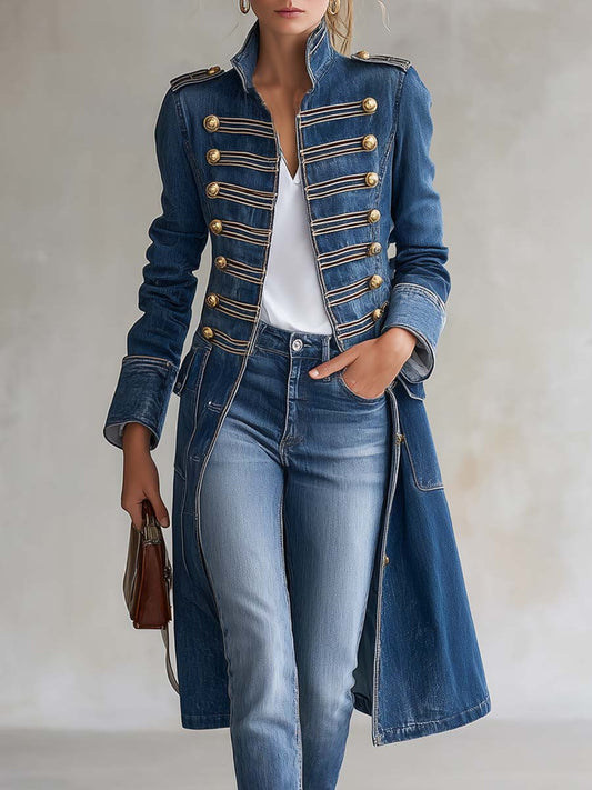 Manteau Long en Jean Style Militaire à Boutons Dorés