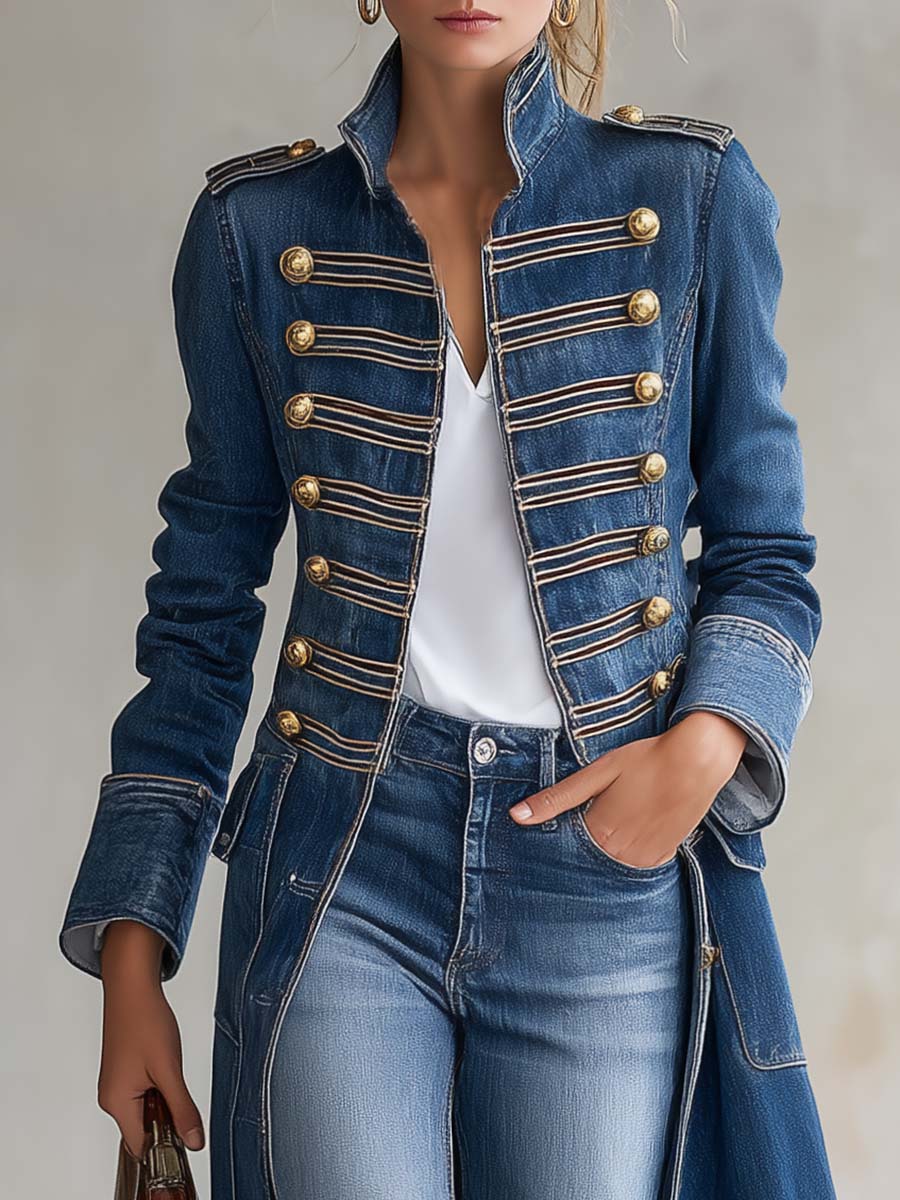 Manteau Long en Jean Style Militaire à Boutons Dorés