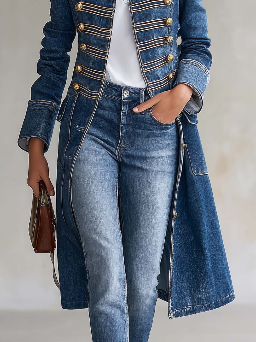 Manteau Long en Jean Style Militaire à Boutons Dorés