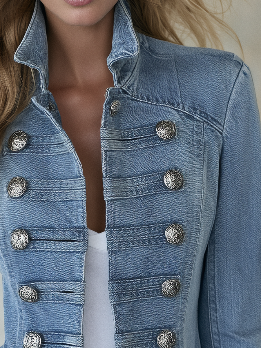 Manteau en Jean Style Militaire à Double Boutonnage