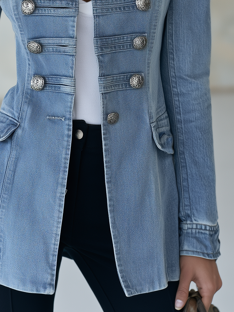 Manteau en Jean Style Militaire à Double Boutonnage