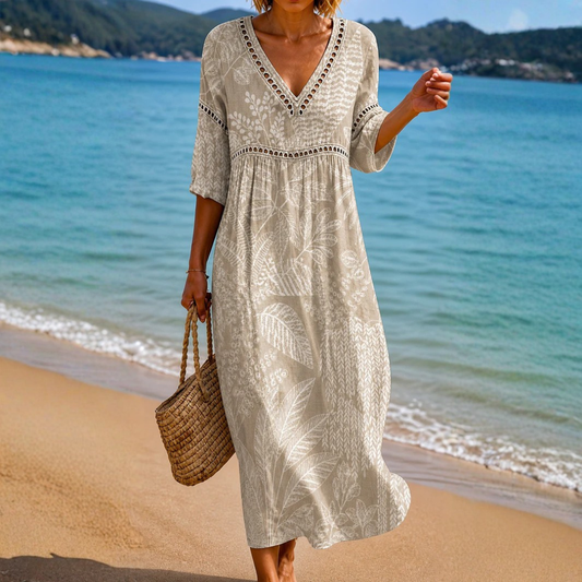 VESTIDO MIDI SUAVE CON ESTAMPADO DE HOJAS NATURALES
