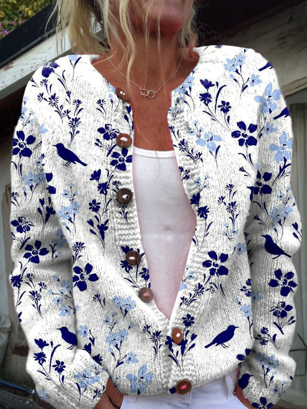 VYNORA™ | Cardigan fleuri à motifs oiseaux et boutons