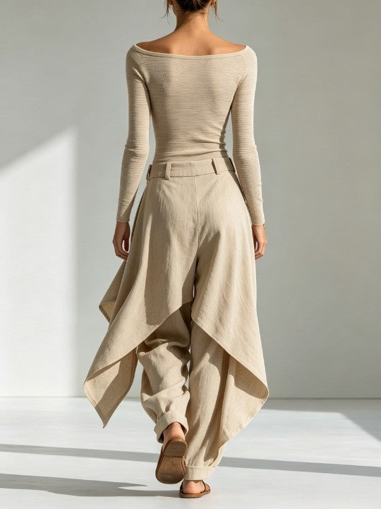 JULIENNE | Ensemble beige avec top à col bateau et pantalon large superposé