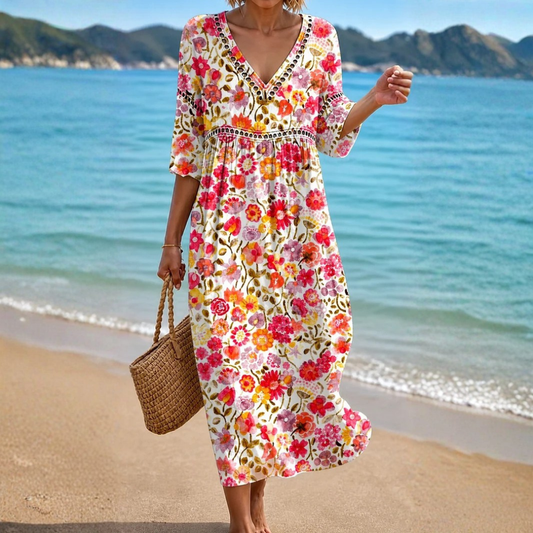 VESTIDO MIDI DE VERANO SUAVE CON ESTAMPADO FLORAL VIBRANTE