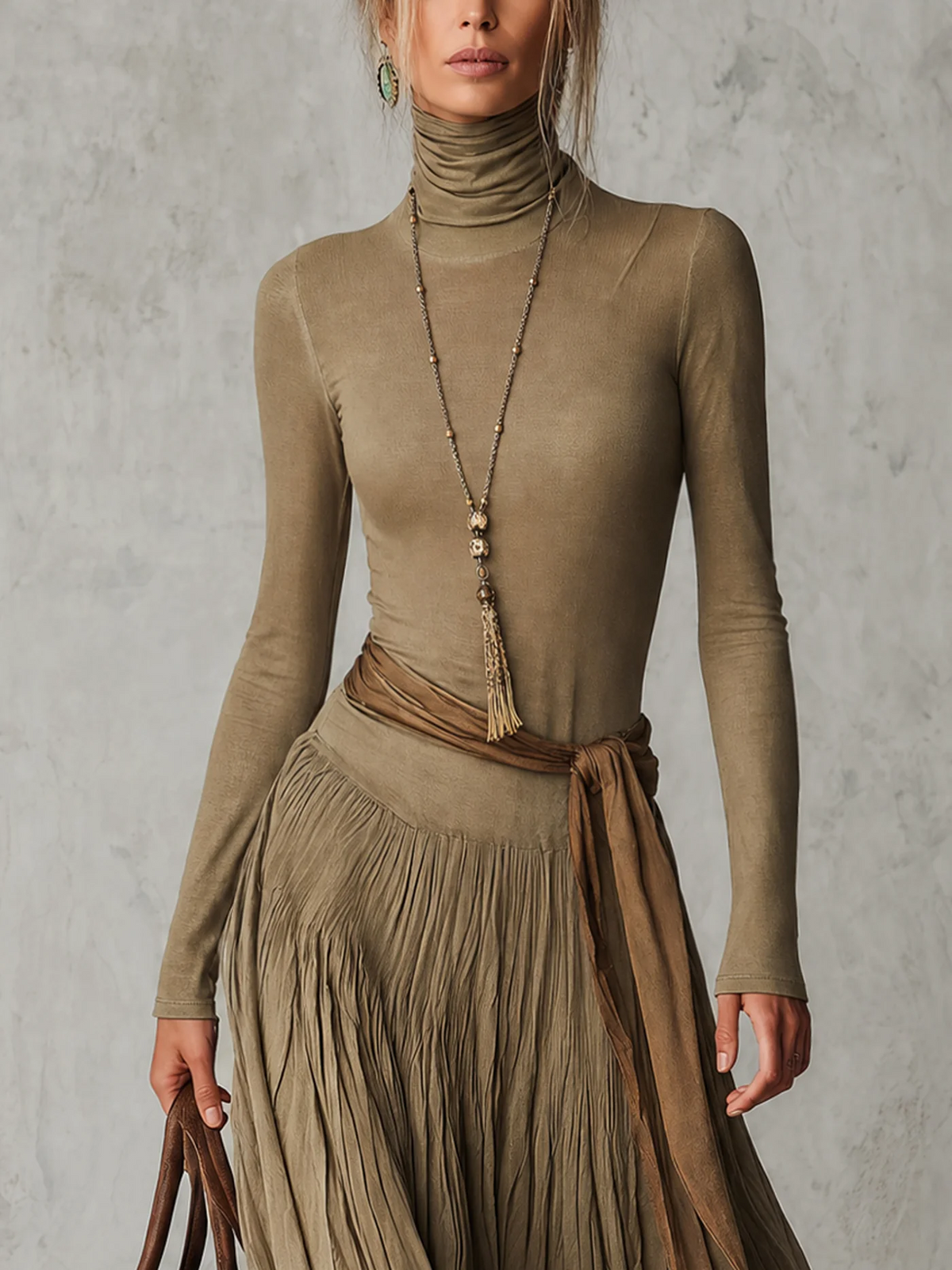 JULIE - Robe maxi plissée élégante à col montant et manches longues avec lien à la taille