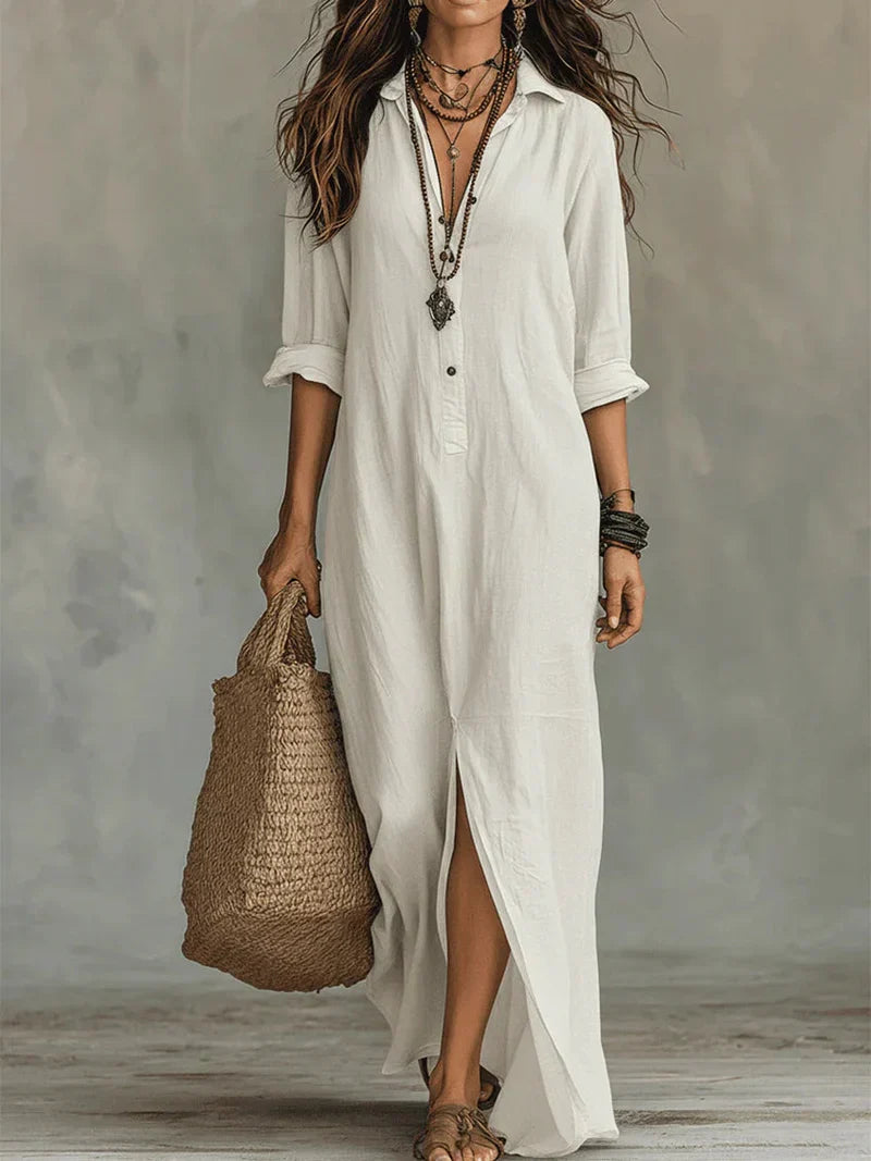 Céline™ | Vestido largo negro de corte holgado con botones delanteros