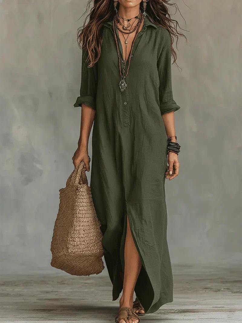 Céline™ | Vestido largo negro de corte holgado con botones delanteros